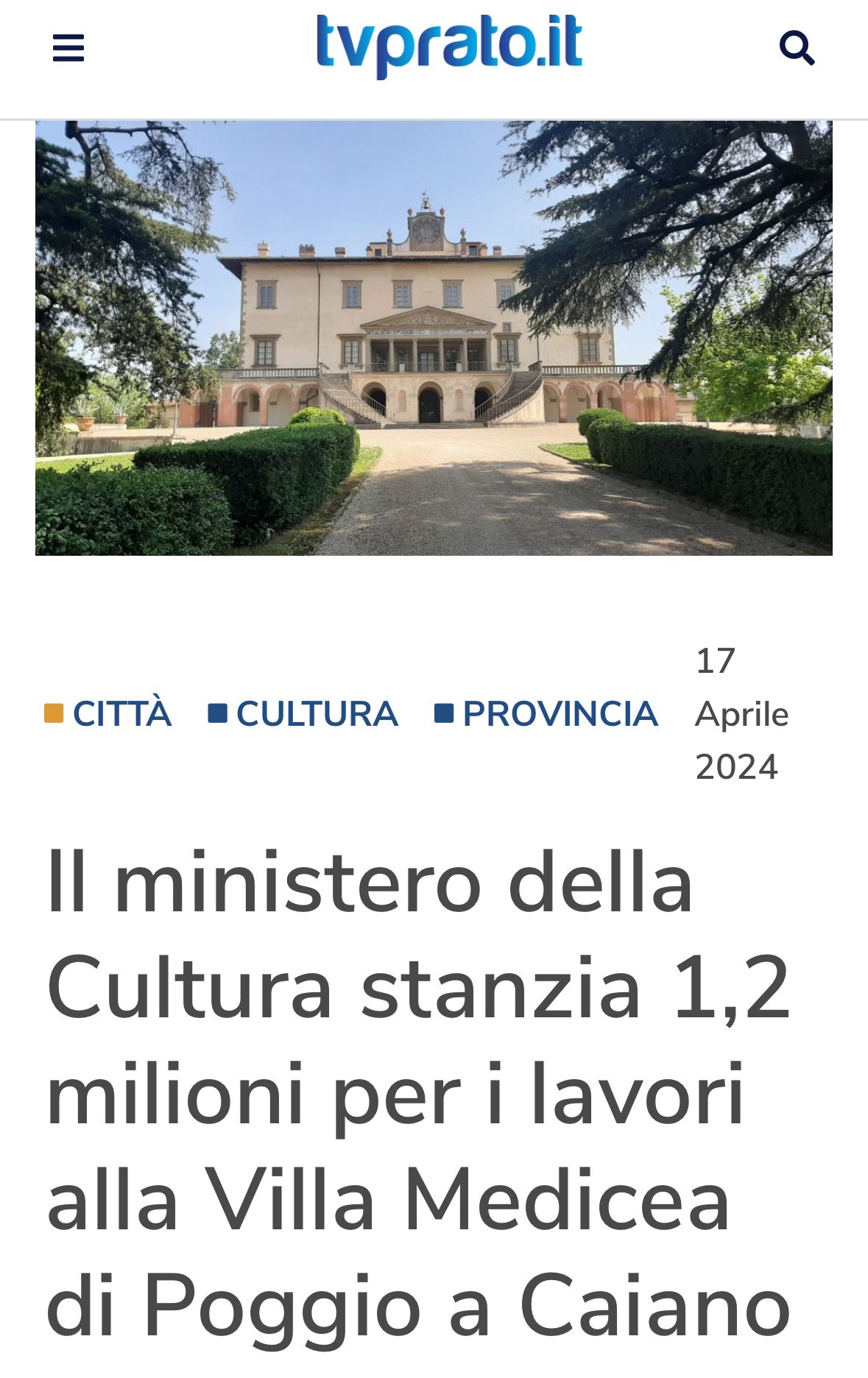 Il ministero della Cultura stanzia 1,2 milioni per i lavori alla Villa Medicea di Poggio a Caiano